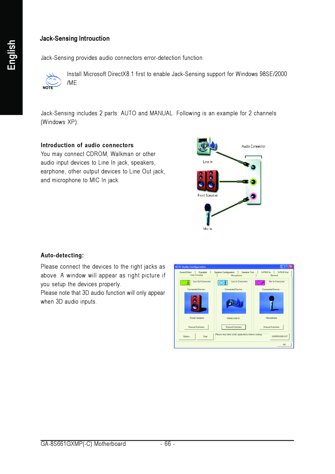 Gigabyte GA-8S661GXMP user manual Jack-Sensing Introuction, English, Introduction of audio connectors, Auto-detecting 
