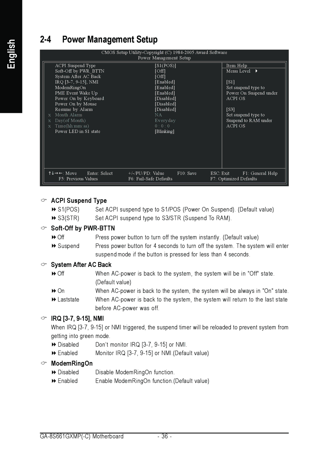 Gigabyte GA-8S661GXMP user manual Power Management Setup, IRQ 3-7, 9-15, NMI, ModemRingOn 