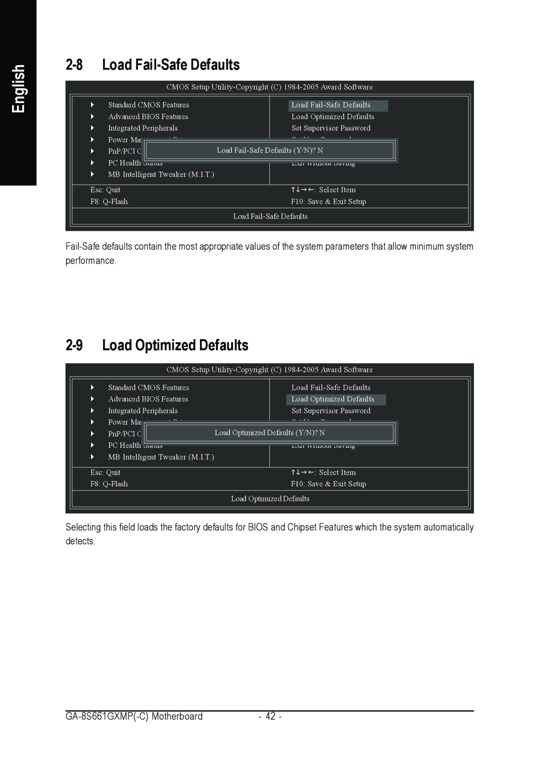 Gigabyte GA-8S661GXMP user manual Load Fail-Safe Defaults, Load Optimized Defaults 