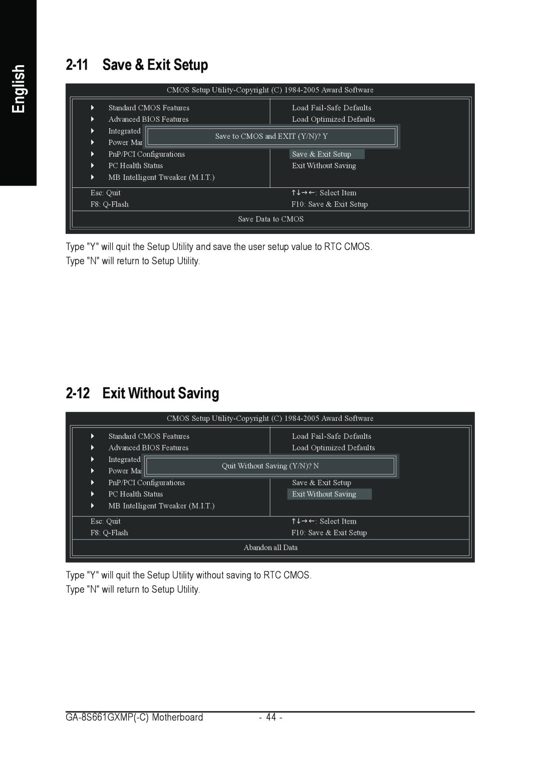 Gigabyte GA-8S661GXMP user manual Save & Exit Setup, Exit Without Saving 