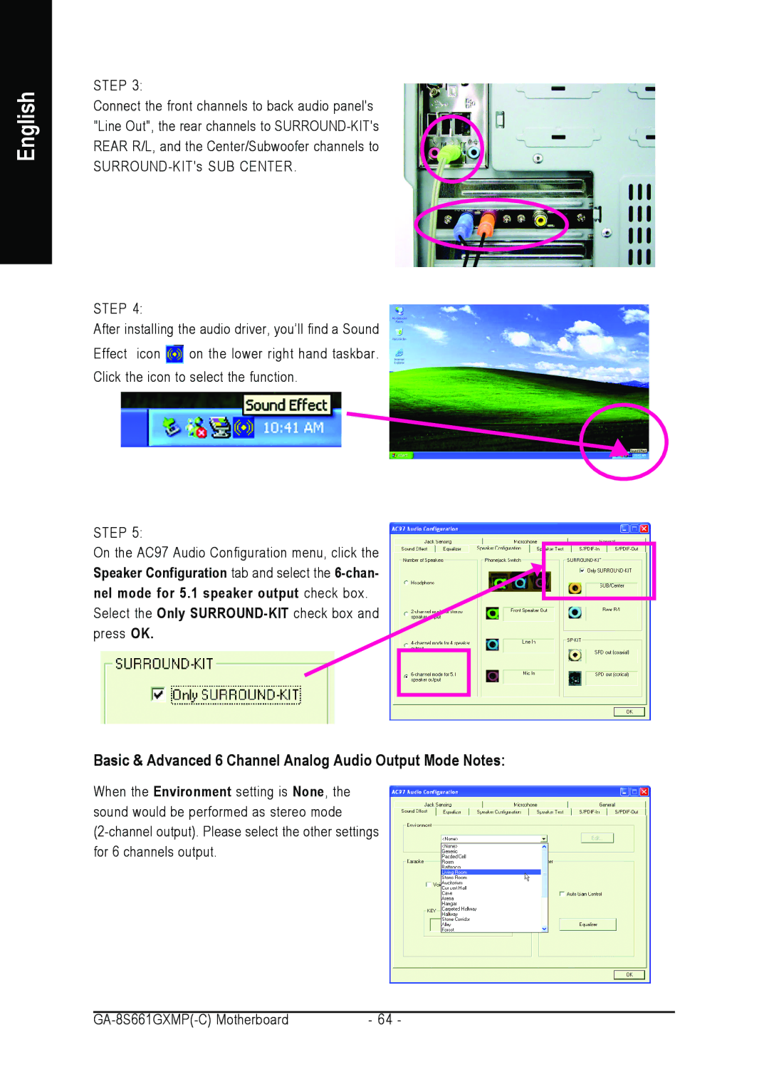 Gigabyte GA-8S661GXMP user manual Basic & Advanced 6 Channel Analog Audio Output Mode Notes 