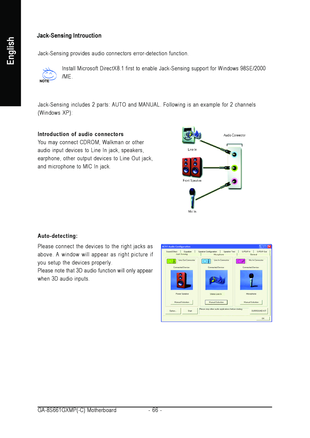 Gigabyte GA-8S661GXMP user manual Jack-Sensing Introuction, Introduction of audio connectors 