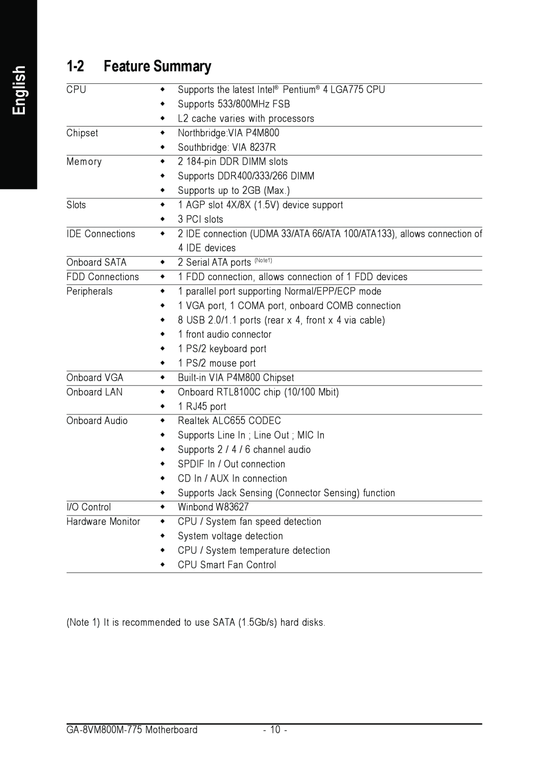 Gigabyte GA-8VM800M-775 user manual Feature Summary, English 