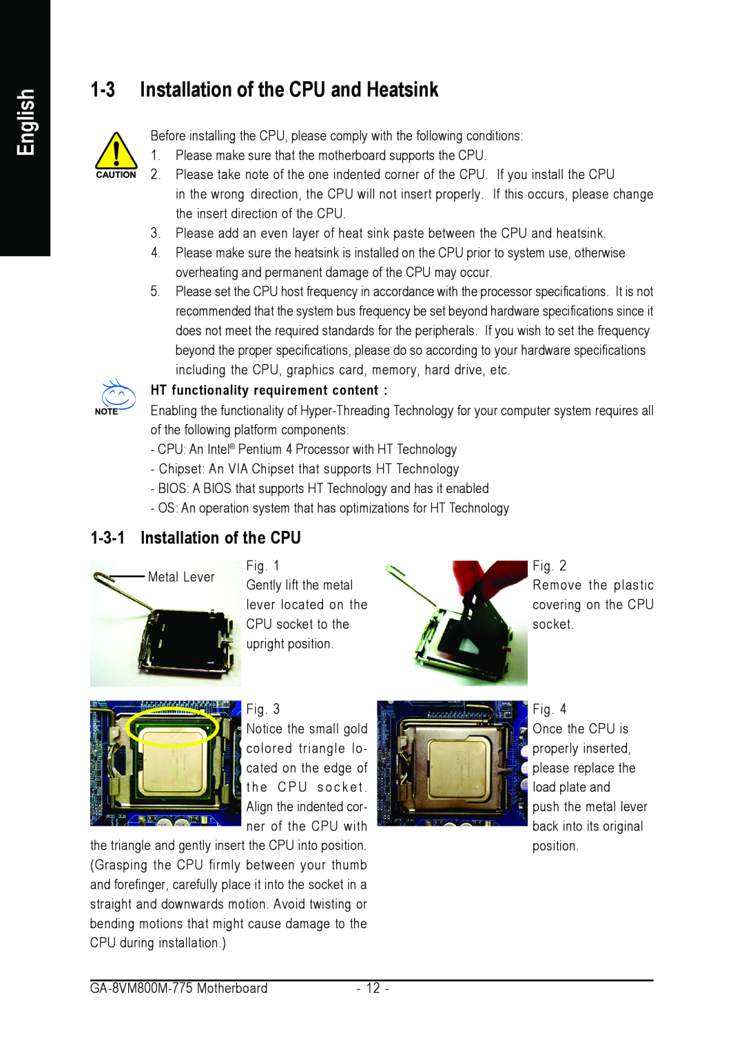 Gigabyte GA-8VM800M-775 user manual Installation of the CPU and Heatsink, English 
