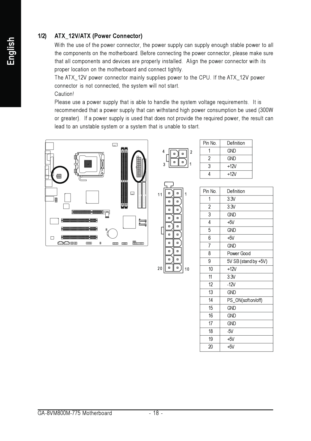 Gigabyte GA-8VM800M-775 user manual 1/2 ATX12V/ATX Power Connector, English, 5V SB stand by +5V, PSONsoft on/off 