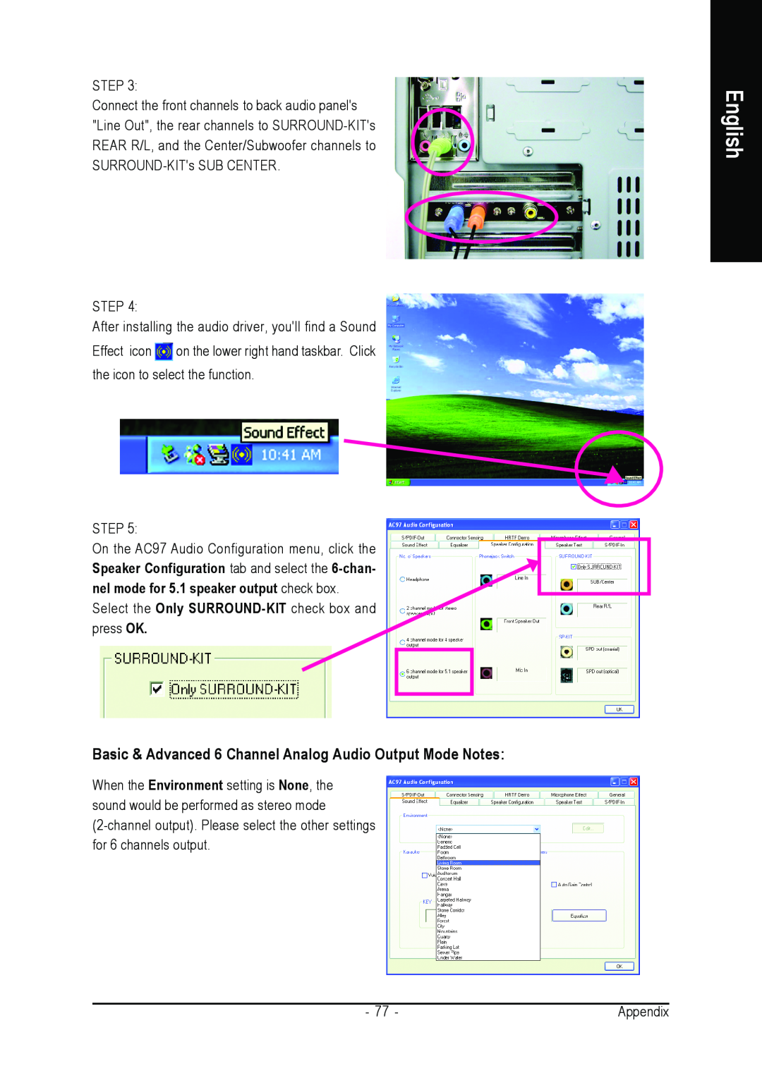 Gigabyte GA-8VM800M-775 user manual Basic & Advanced 6 Channel Analog Audio Output Mode Notes, English, Appendix 