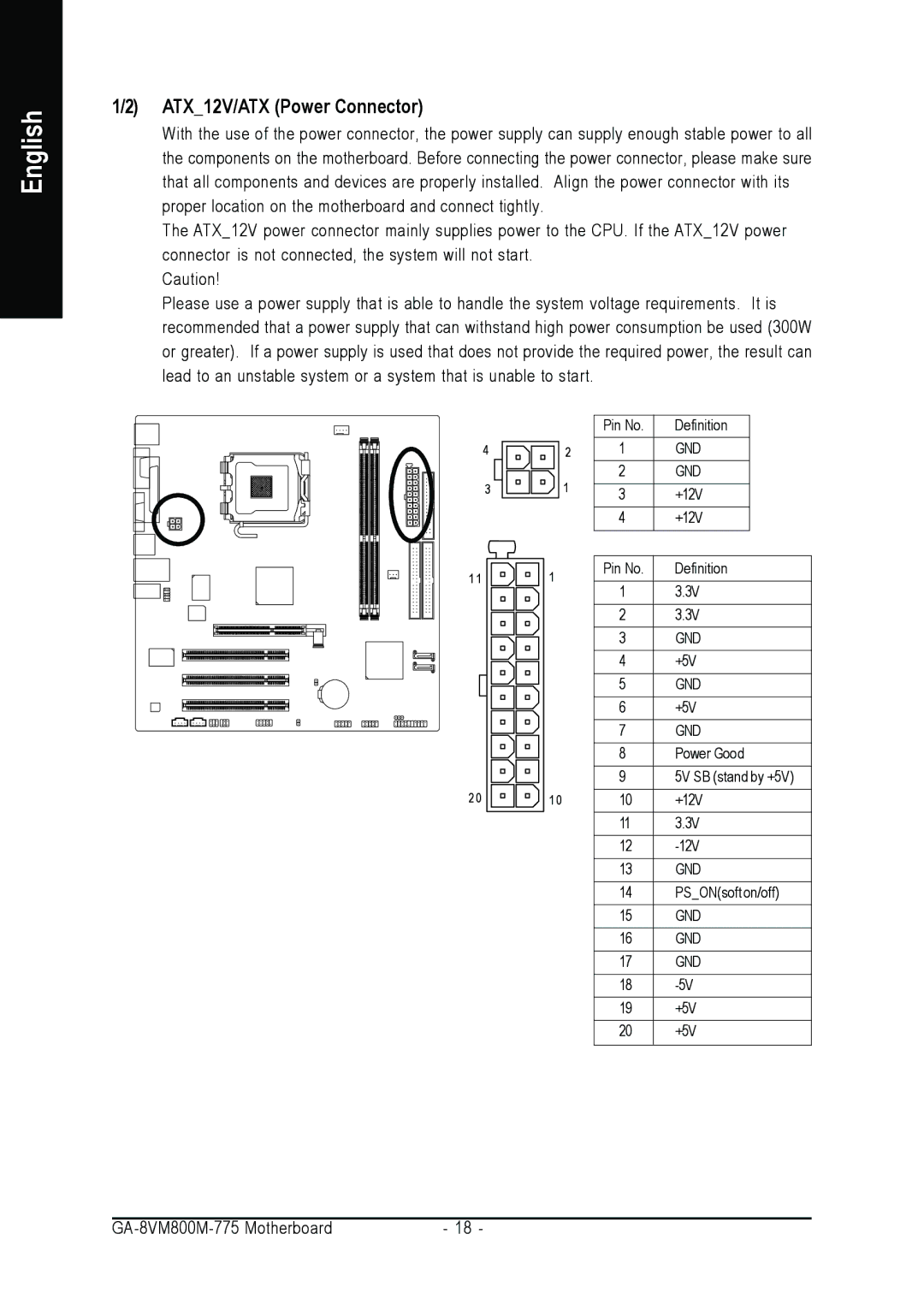 Gigabyte GA-8VM800M-775 user manual ATX12V/ATX Power Connector 