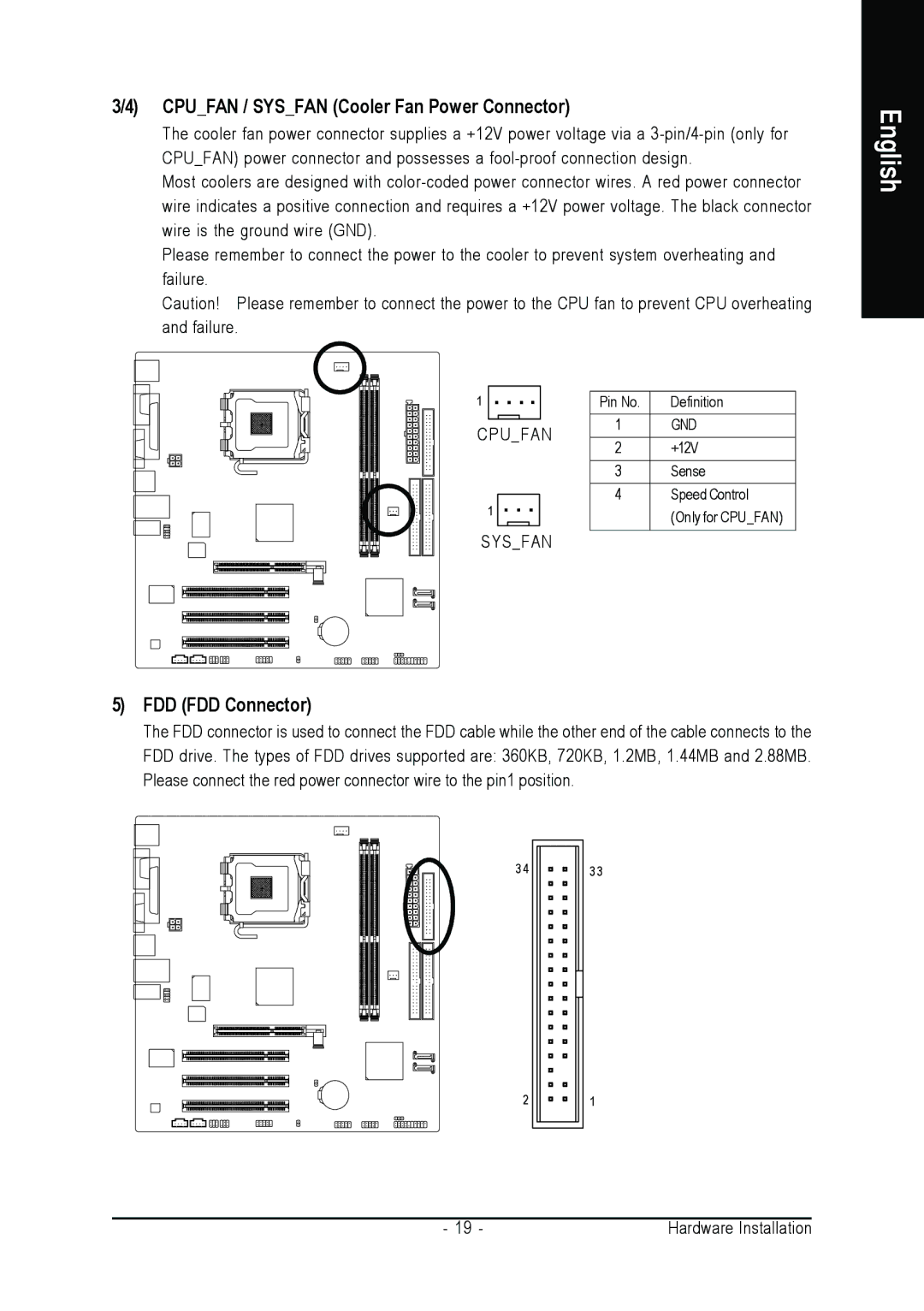 Gigabyte GA-8VM800M-775 user manual Cpufan / Sysfan Cooler Fan Power Connector, FDD FDD Connector 