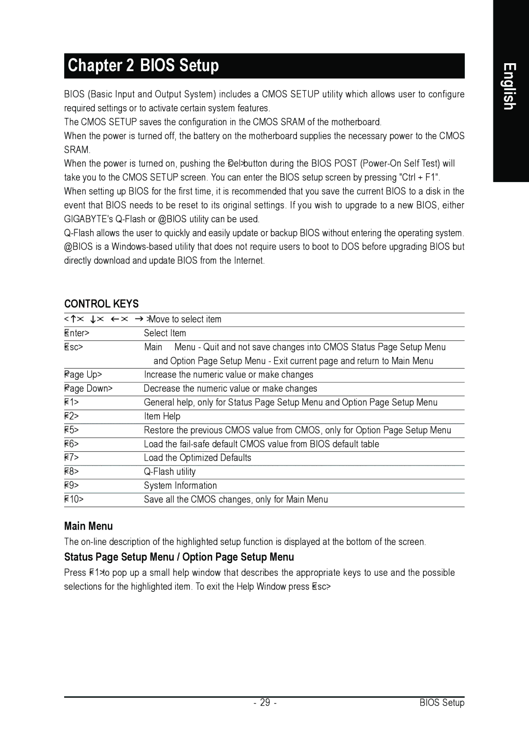 Gigabyte GA-8VM800M-775 user manual Main Menu, Status Page Setup Menu / Option Page Setup Menu 