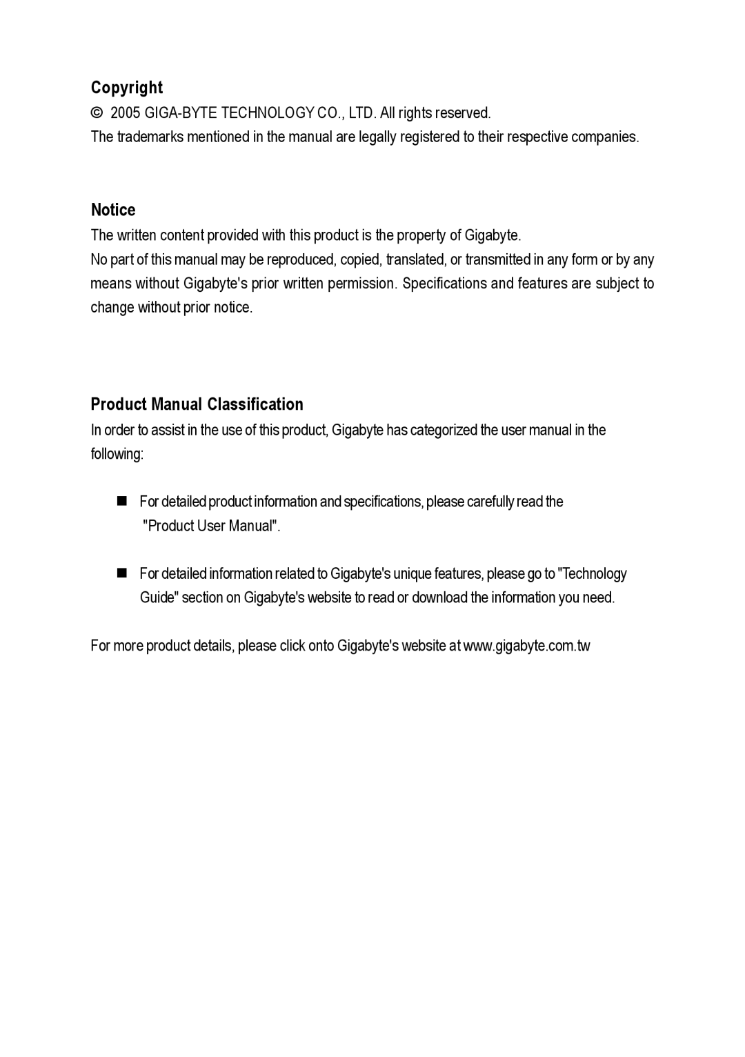 Gigabyte GA-8VM800M-775 user manual Copyright, Product Manual Classification 