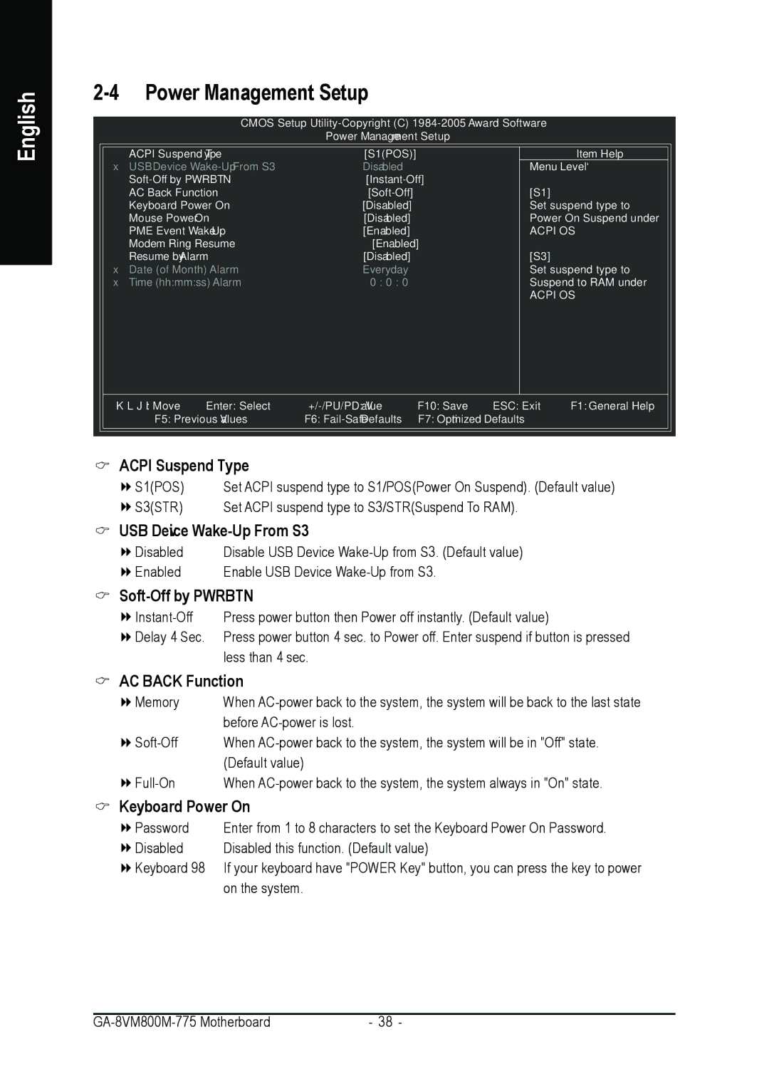 Gigabyte GA-8VM800M-775 user manual Power Management Setup, Acpi OS 