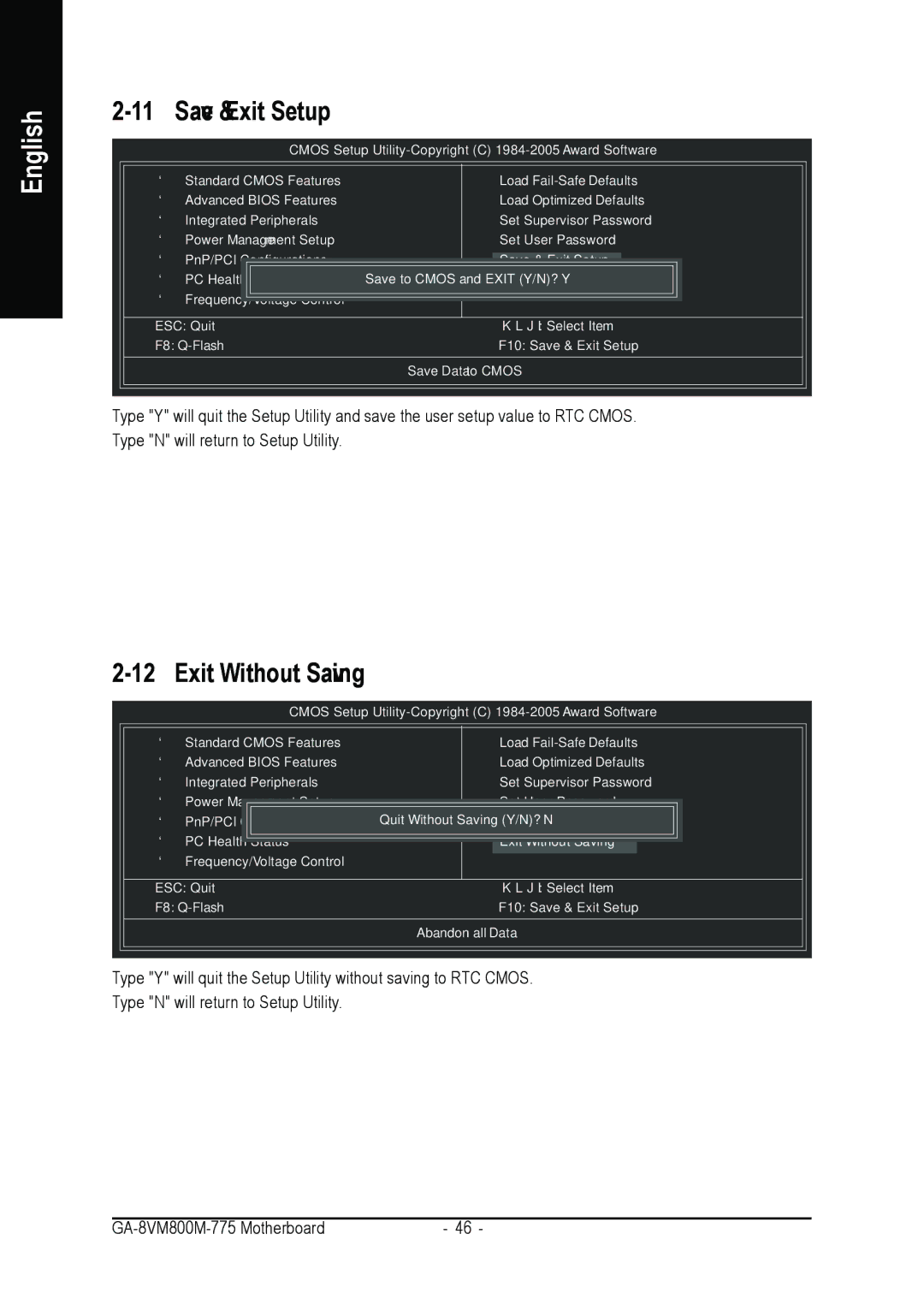 Gigabyte GA-8VM800M-775 user manual Save & Exit Setup, Exit Without Saving 