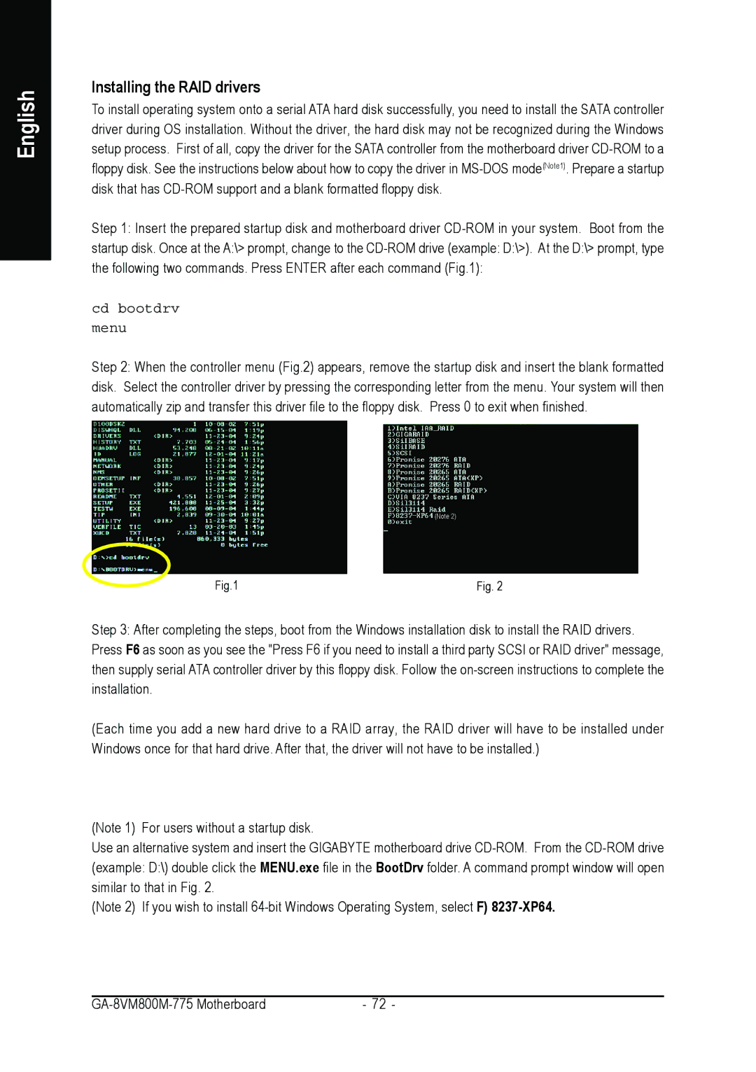 Gigabyte GA-8VM800M-775 user manual Installing the RAID drivers, Cd bootdrv Menu 