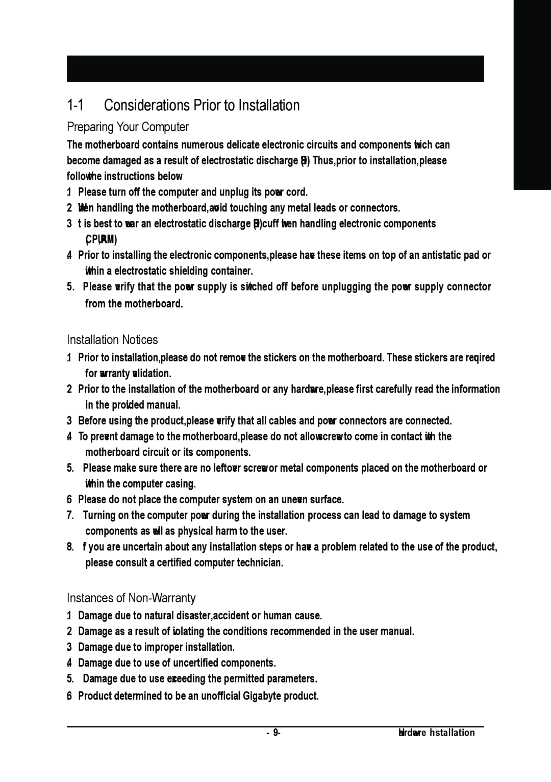 Gigabyte GA-8VM800M-775 user manual Considerations Prior to Installation, Preparing Your Computer, Installation Notices 