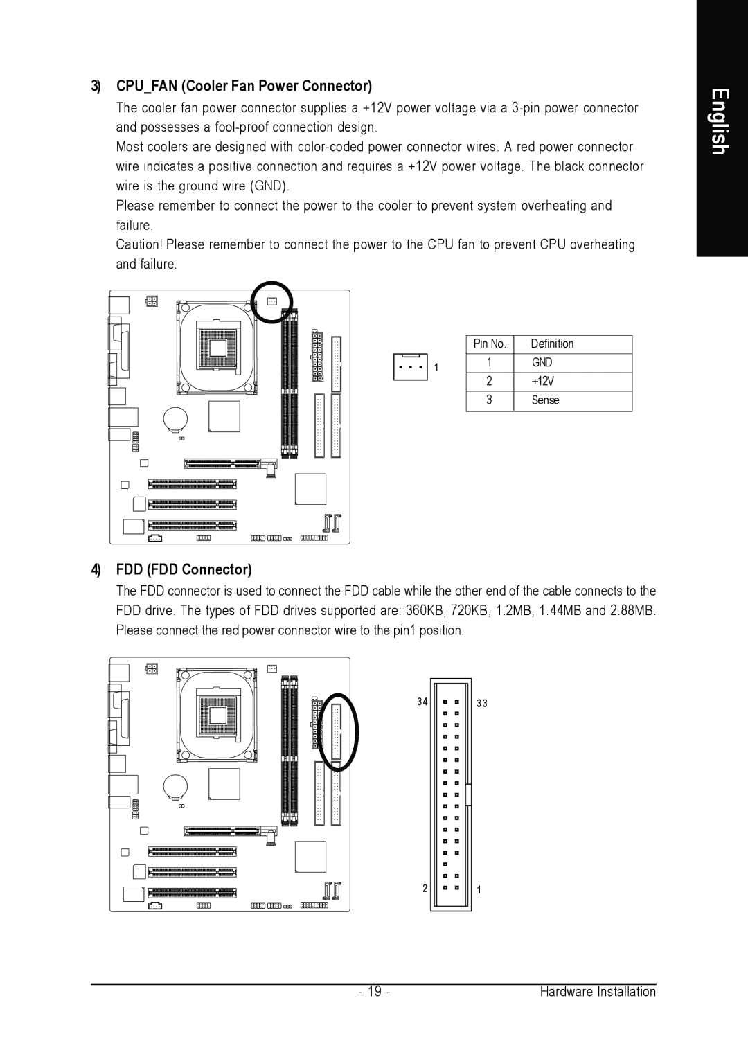 Gigabyte GA-8VM800M user manual Cpufan Cooler Fan Power Connector, FDD FDD Connector 