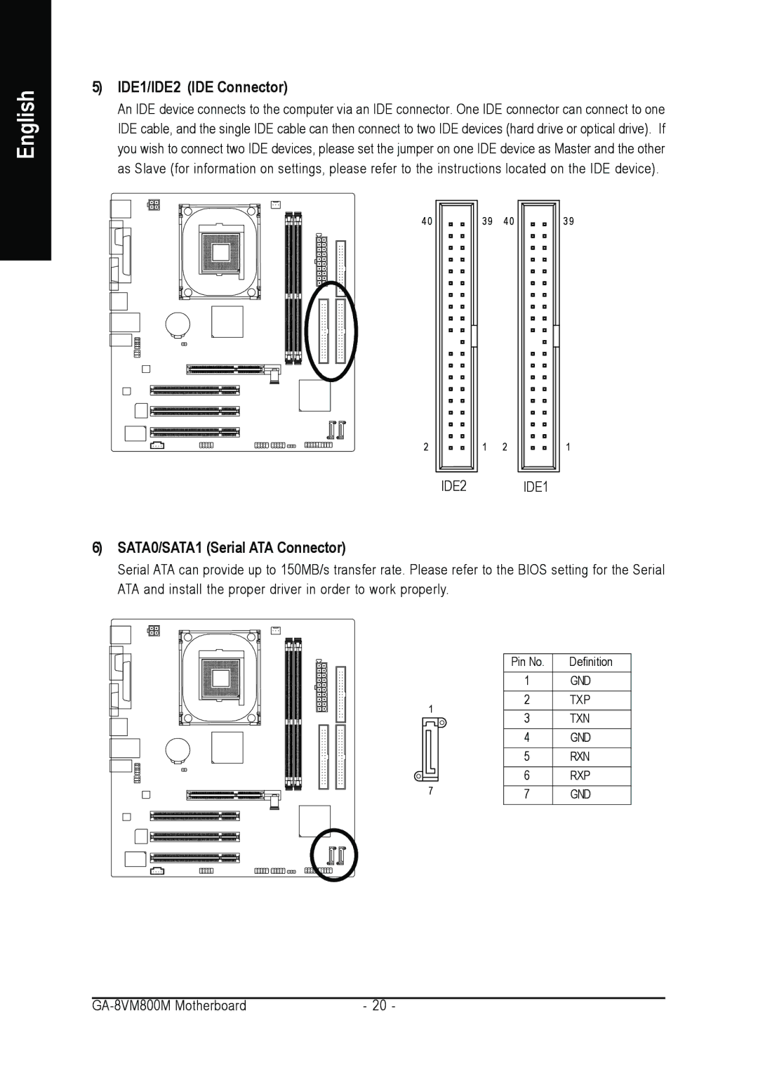 Gigabyte GA-8VM800M user manual IDE1/IDE2 IDE Connector, SATA0/SATA1 Serial ATA Connector 