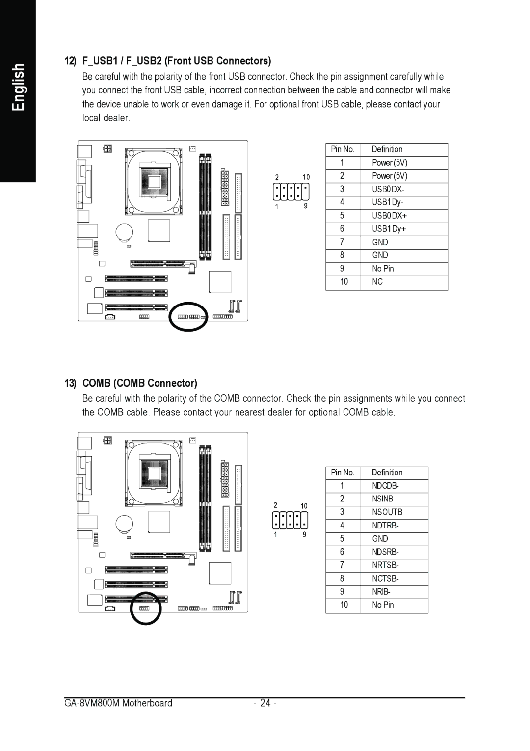 Gigabyte GA-8VM800M user manual FUSB1 / FUSB2 Front USB Connectors, Comb Comb Connector 