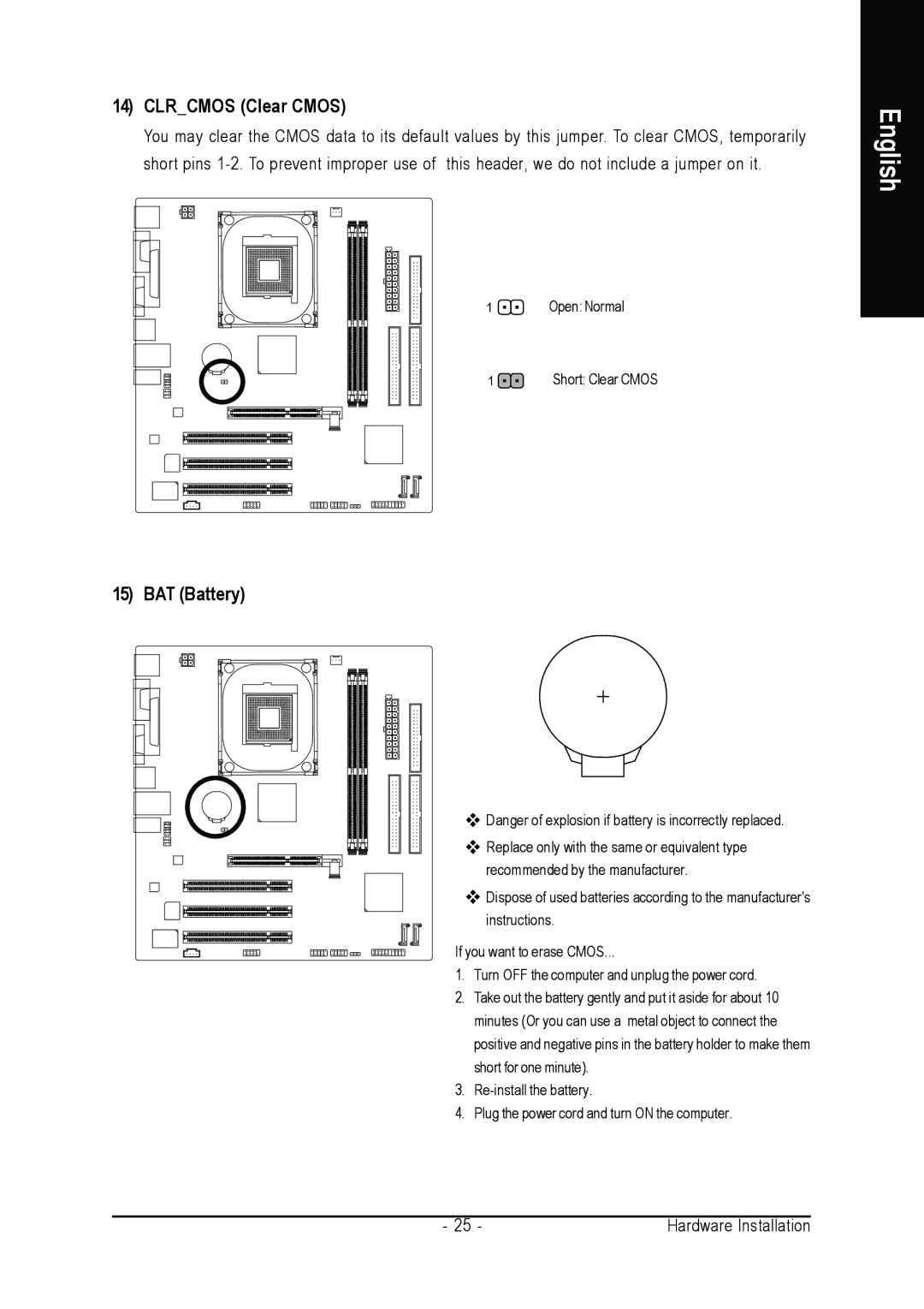 Gigabyte GA-8VM800M user manual Clrcmos Clear Cmos, BAT Battery 