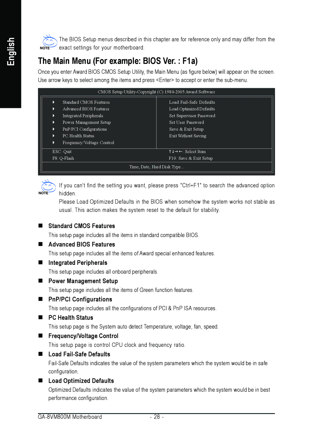 Gigabyte GA-8VM800M user manual Main Menu For example Bios Ver. F1a 