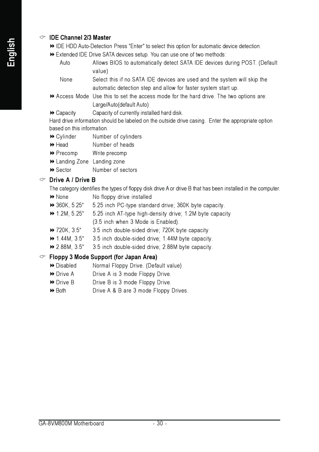 Gigabyte GA-8VM800M user manual IDE Channel 2/3 Master, Drive a / Drive B, Floppy 3 Mode Support for Japan Area 