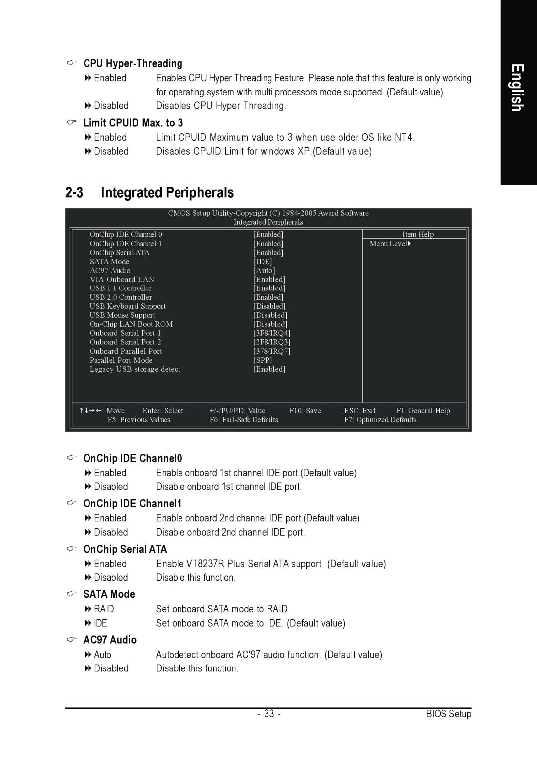 Gigabyte GA-8VM800M user manual Integrated Peripherals, CPU Hyper-Threading, Limit Cpuid Max. to 