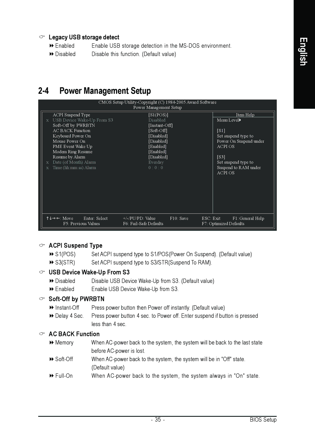 Gigabyte GA-8VM800M user manual Power Management Setup, Legacy USB storage detect 