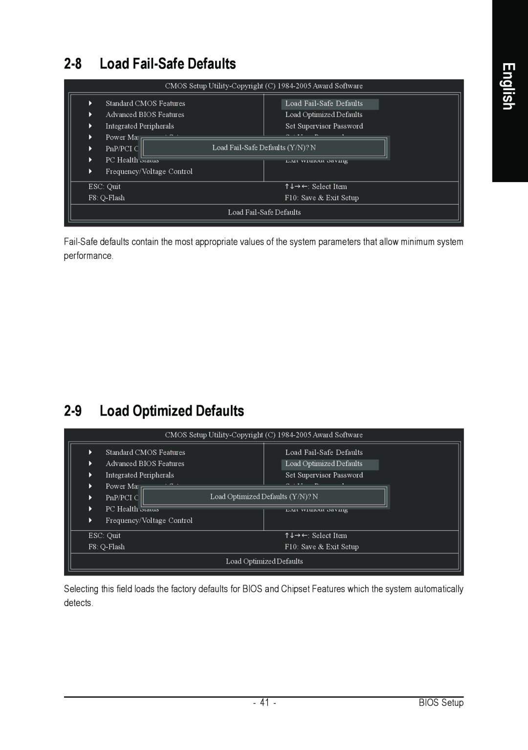 Gigabyte GA-8VM800M user manual Load Fail-Safe Defaults, Load Optimized Defaults 