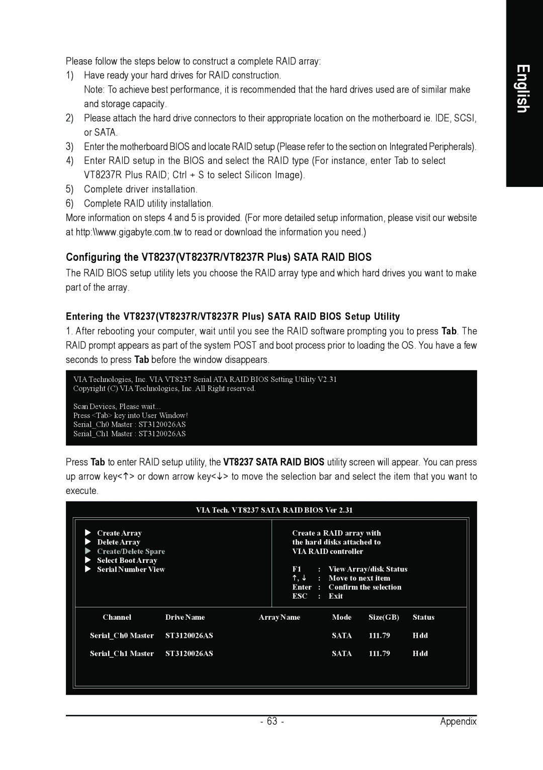 Gigabyte GA-8VM800M user manual Configuring the VT8237VT8237R/VT8237R Plus Sata RAID Bios 