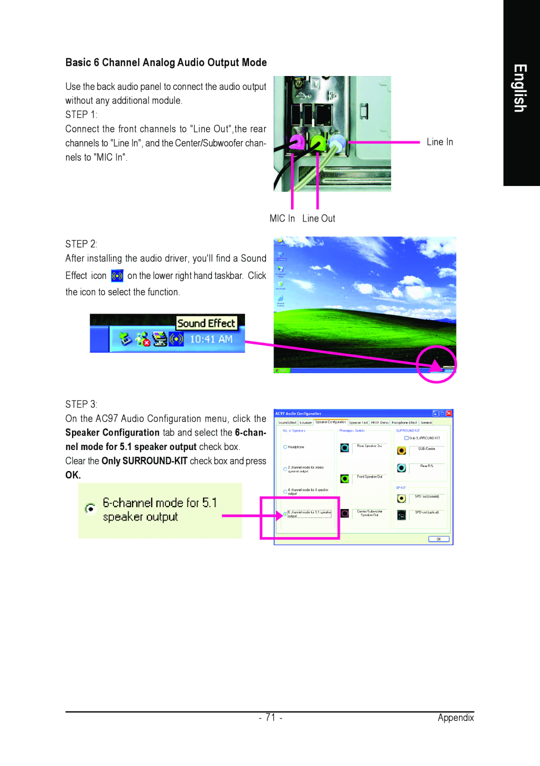 Gigabyte GA-8VM800M user manual Basic 6 Channel Analog Audio Output Mode 