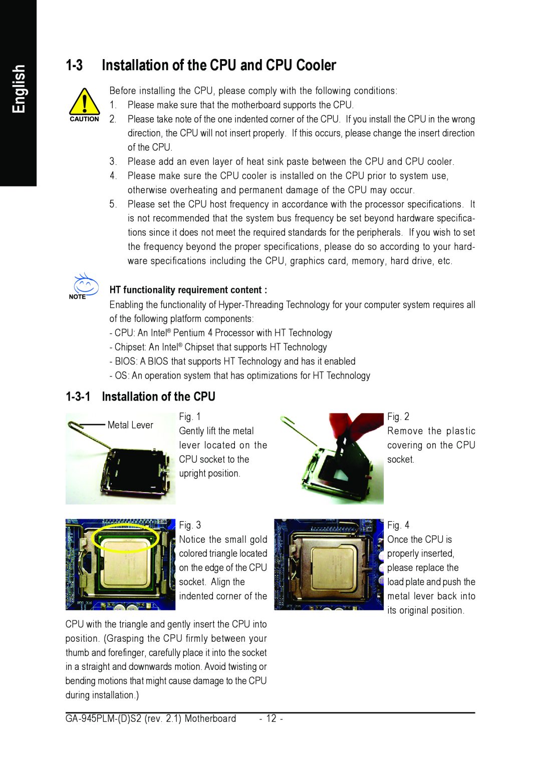 Gigabyte GA-945PLM-(D)S2 user manual Installation of the CPU and CPU Cooler, English 