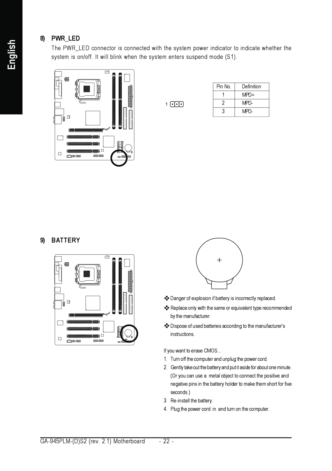 Gigabyte GA-945PLM-(D)S2 user manual Pwrled, Battery, English 