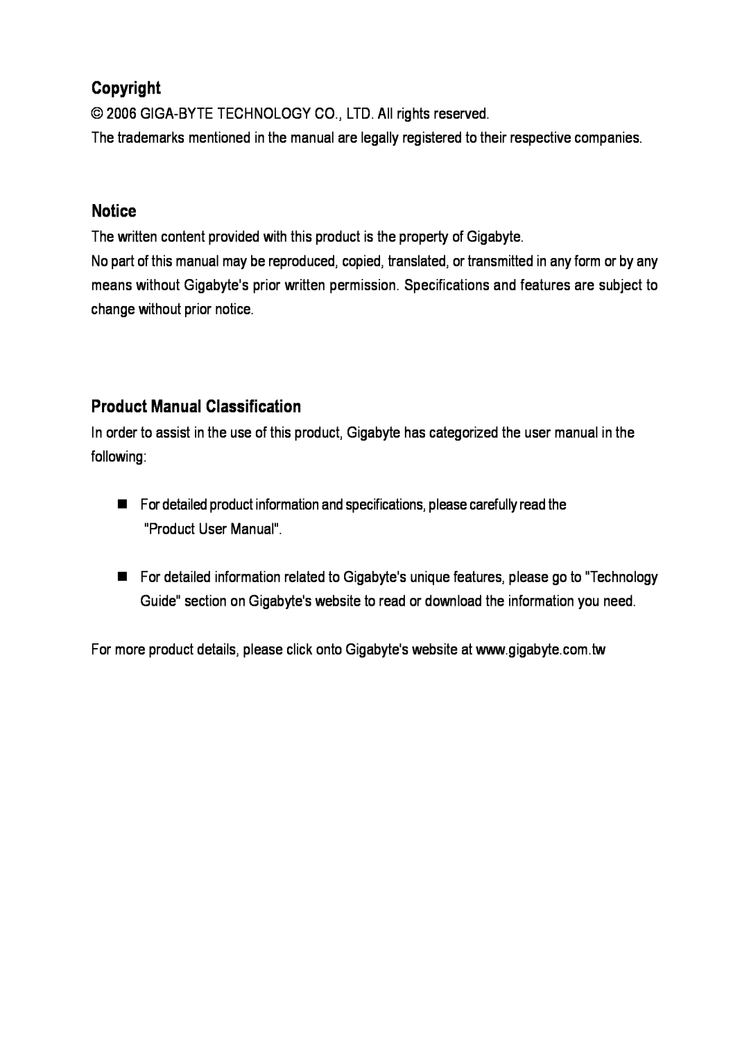Gigabyte GA-945PLM-(D)S2 user manual Copyright, Product Manual Classification 