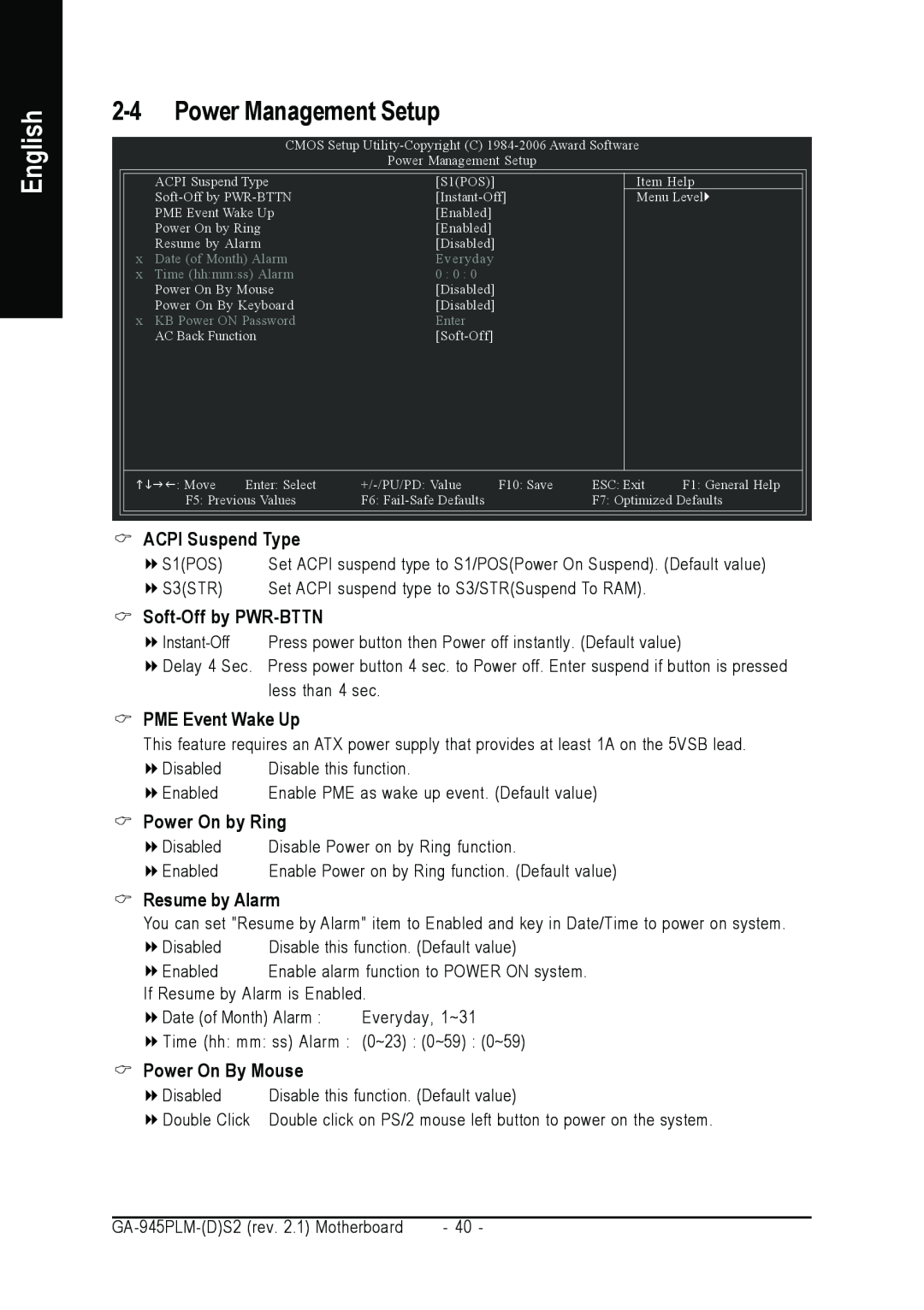 Gigabyte GA-945PLM-(D)S2 Power Management Setup, ACPI Suspend Type, Soft-Off by PWR-BTTN, PME Event Wake Up, English 