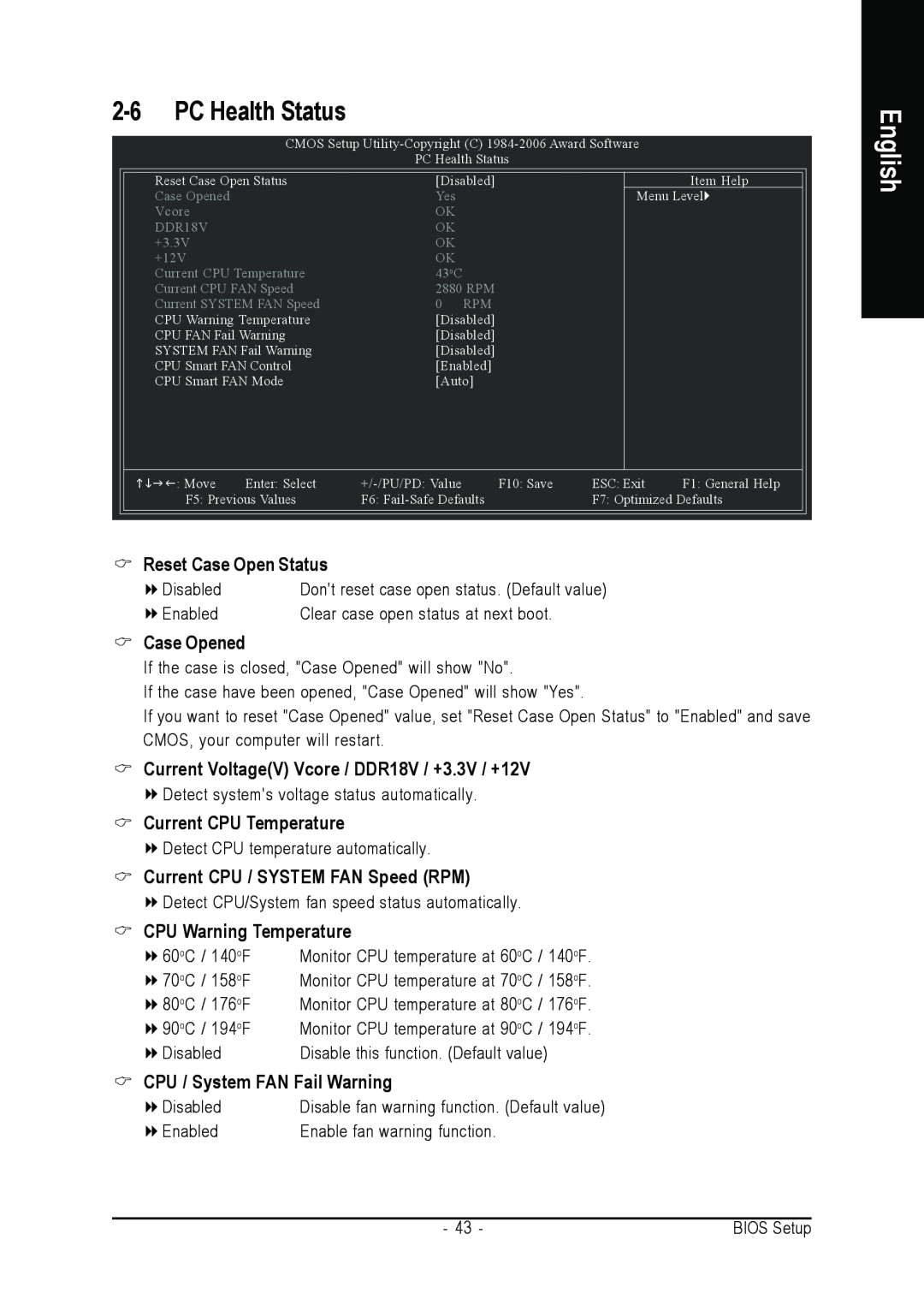 Gigabyte GA-945PLM-(D)S2 user manual PC Health Status, Case Opened, Current VoltageV Vcore / DDR18V / +3.3V / +12V, English 