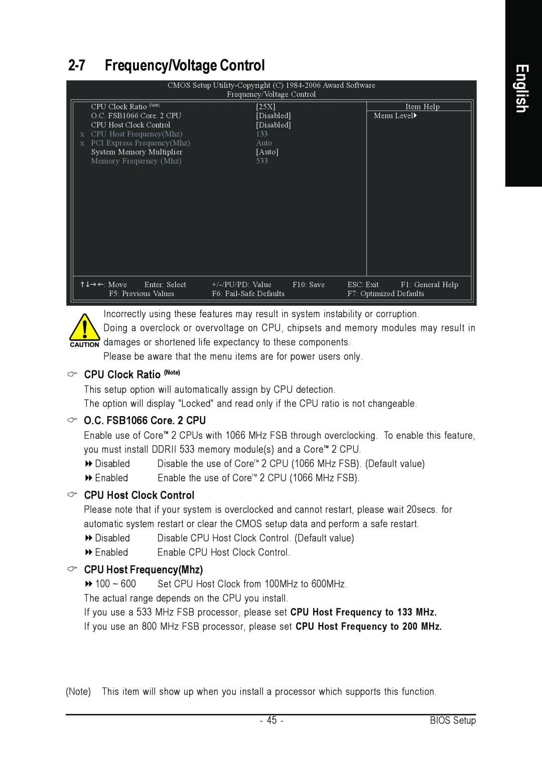 Gigabyte GA-945PLM-(D)S2 Frequency/Voltage Control, CPU Clock Ratio Note, O.C. FSB1066 Core. 2 CPU, CPU Host Clock Control 