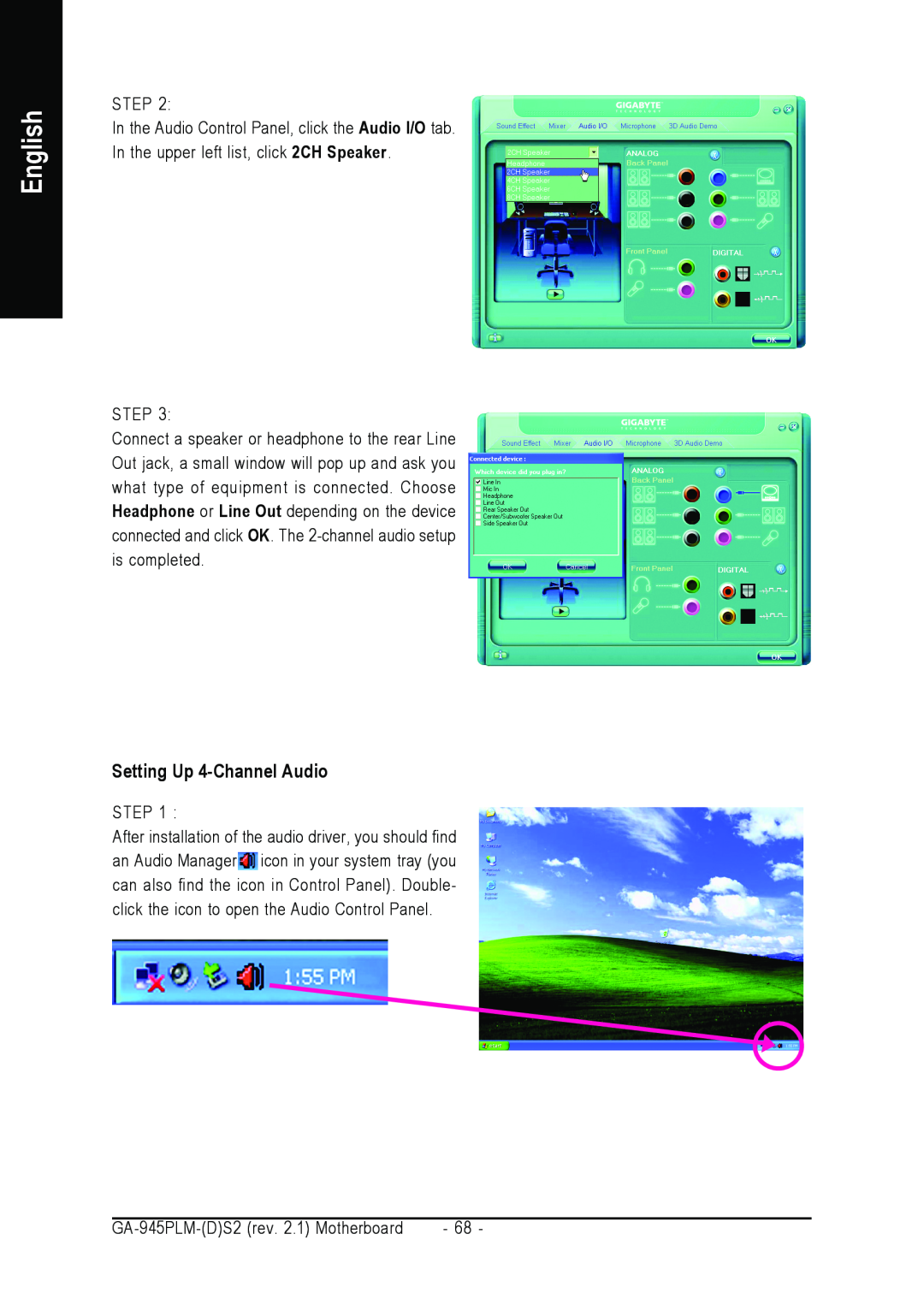 Gigabyte GA-945PLM-(D)S2 user manual Setting Up 4-Channel Audio, English 