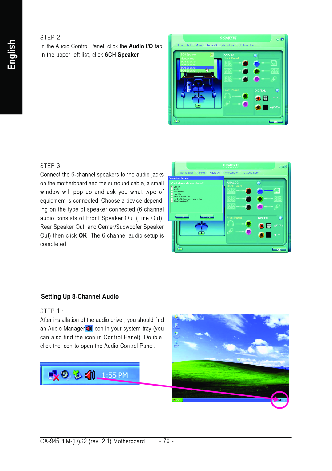 Gigabyte GA-945PLM-(D)S2 user manual Setting Up 8-Channel Audio, English 