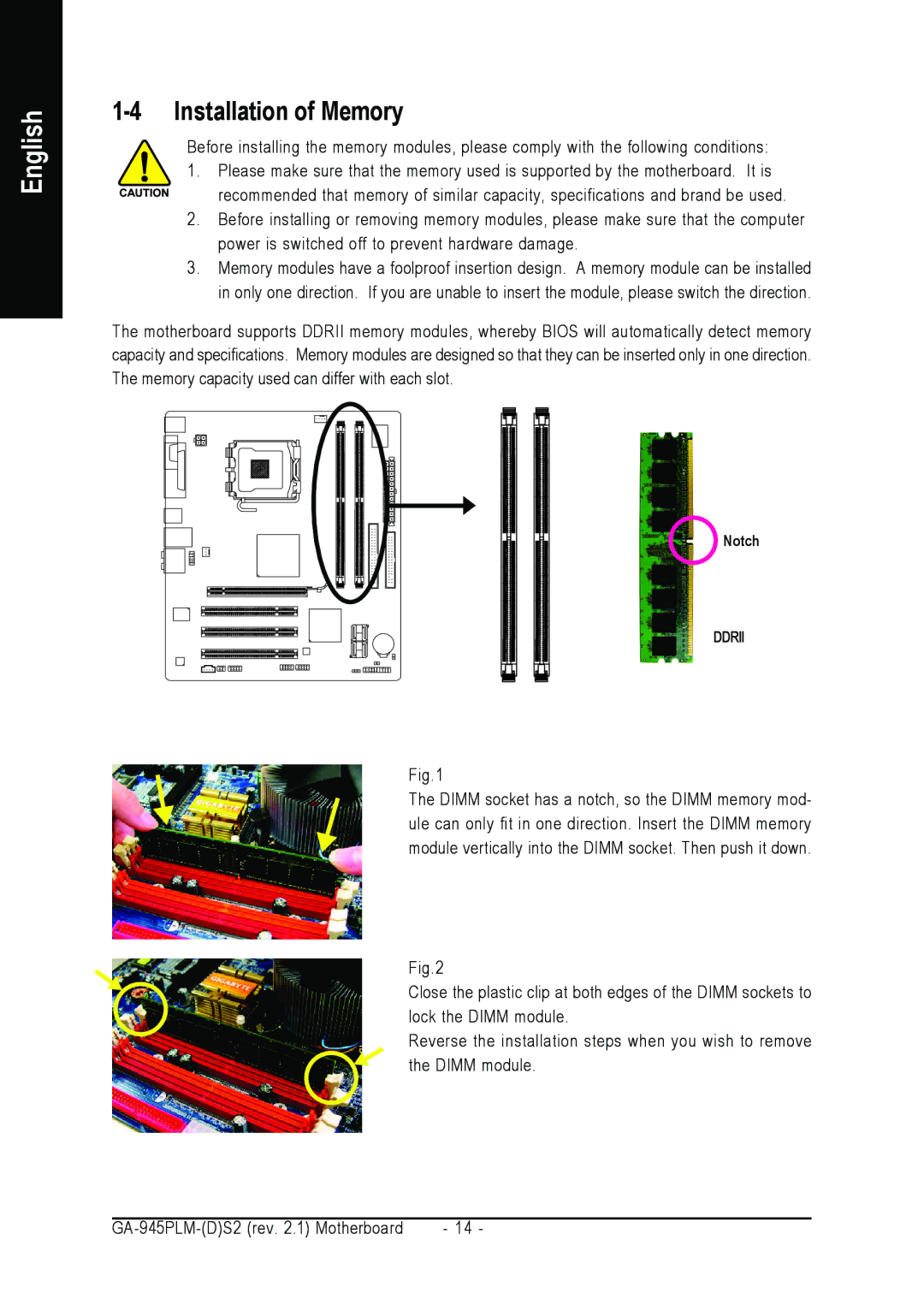 Gigabyte GA-945PLM-(D)S2 user manual Installation of Memory 