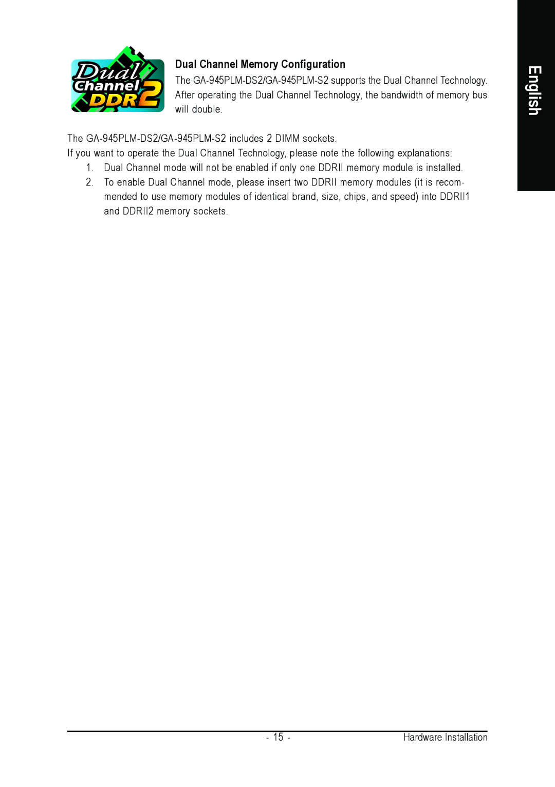 Gigabyte GA-945PLM-(D)S2 user manual Dual Channel Memory Configuration 