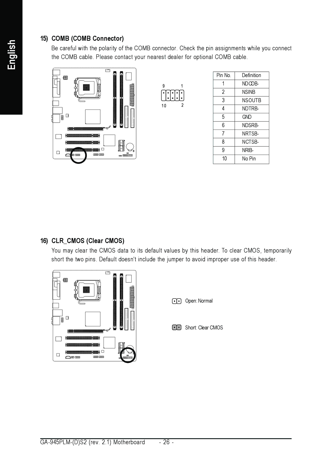 Gigabyte GA-945PLM-(D)S2 user manual Comb Comb Connector, Clrcmos Clear Cmos 