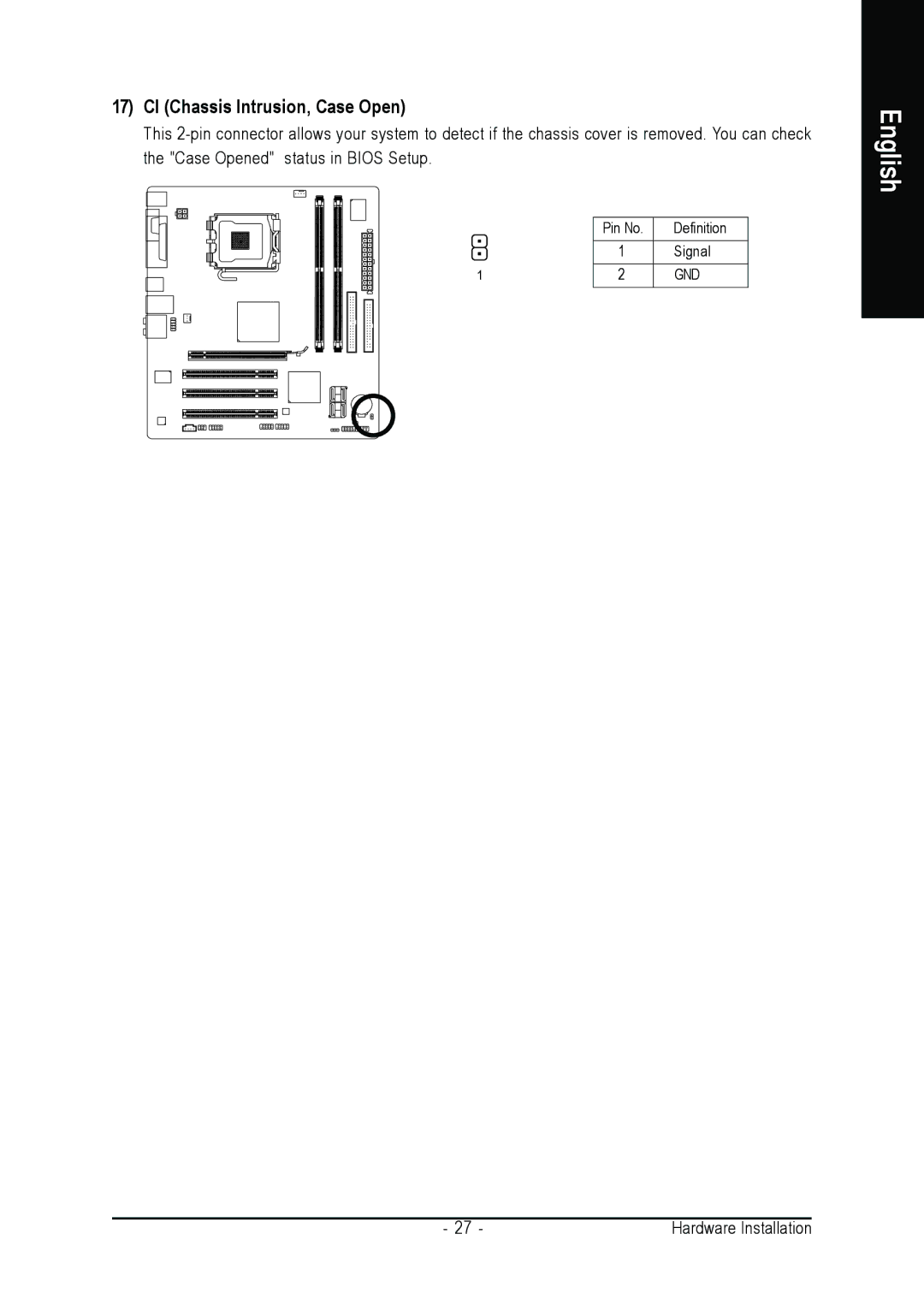 Gigabyte GA-945PLM-(D)S2 user manual CI Chassis Intrusion, Case Open 