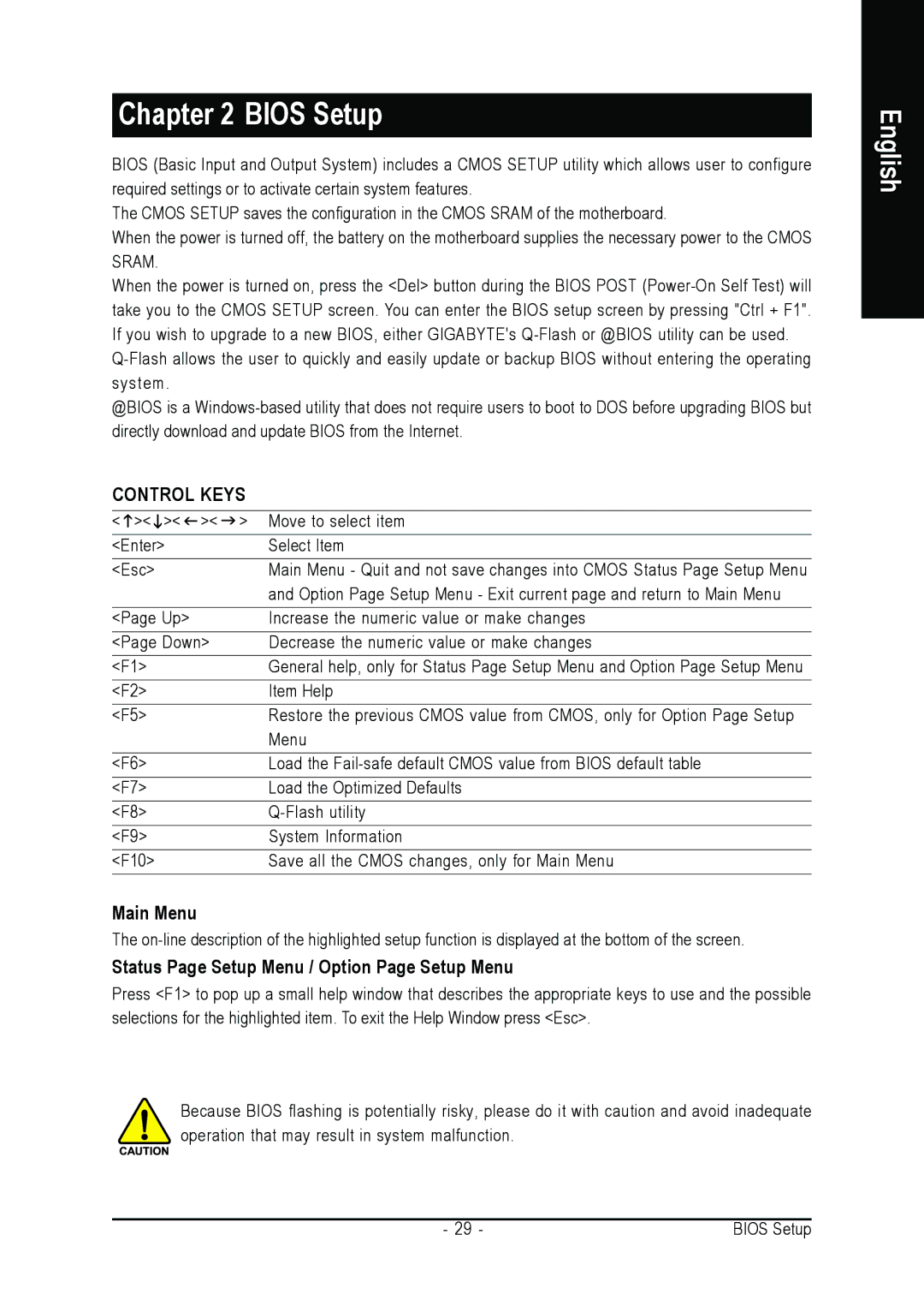 Gigabyte GA-945PLM-(D)S2 user manual Main Menu, Status Page Setup Menu / Option Page Setup Menu 