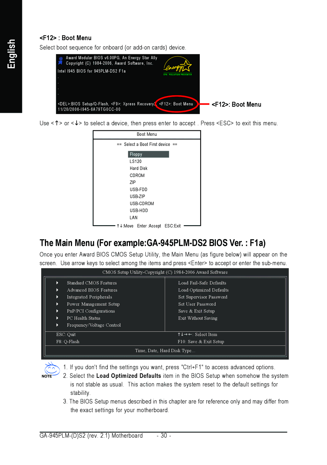 Gigabyte GA-945PLM-(D)S2 user manual Main Menu For exampleGA-945PLM-DS2 Bios Ver. F1a, F12 Boot Menu 