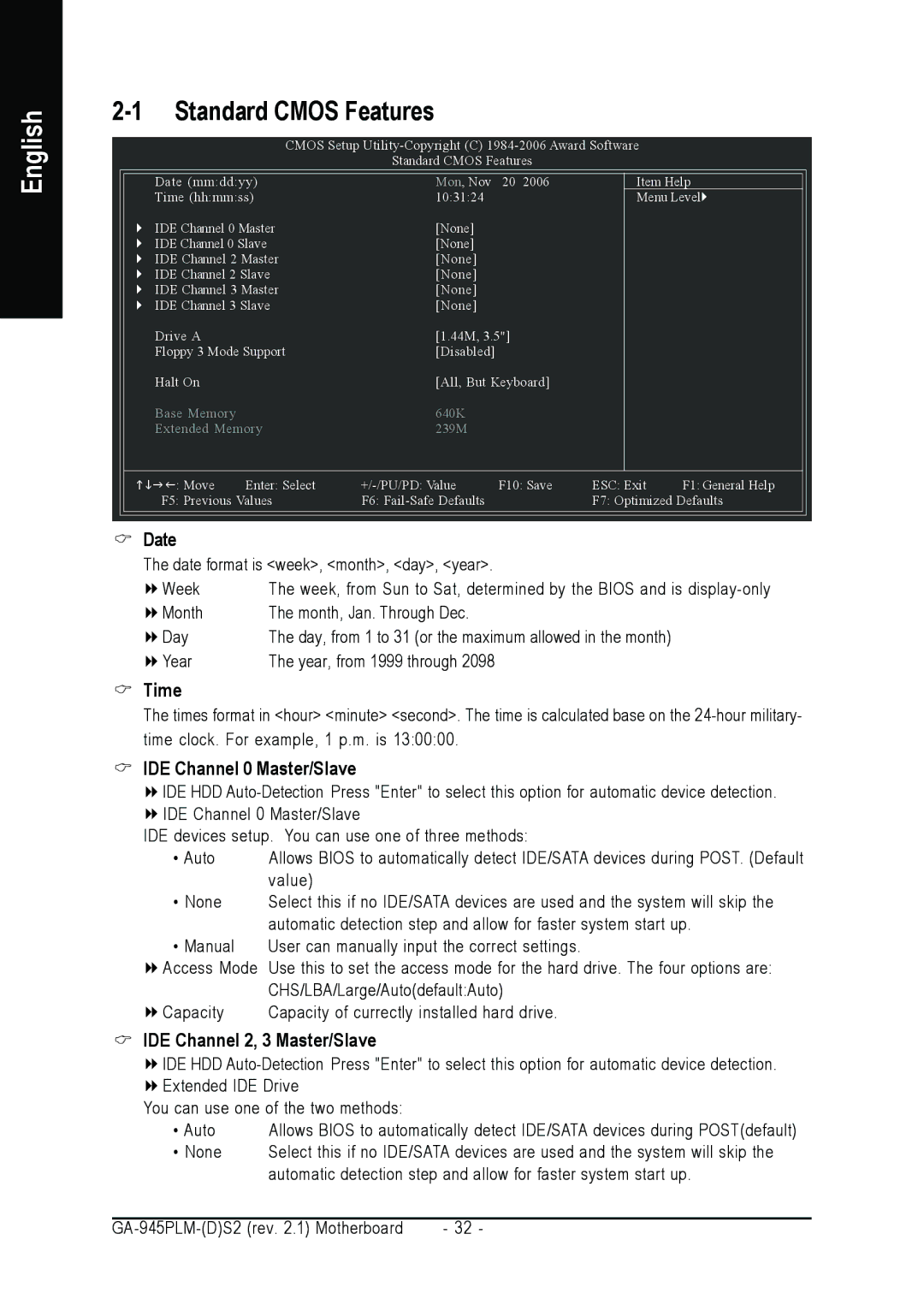 Gigabyte GA-945PLM-(D)S2 Standard Cmos Features, Time, IDE Channel 0 Master/Slave, IDE Channel 2, 3 Master/Slave 