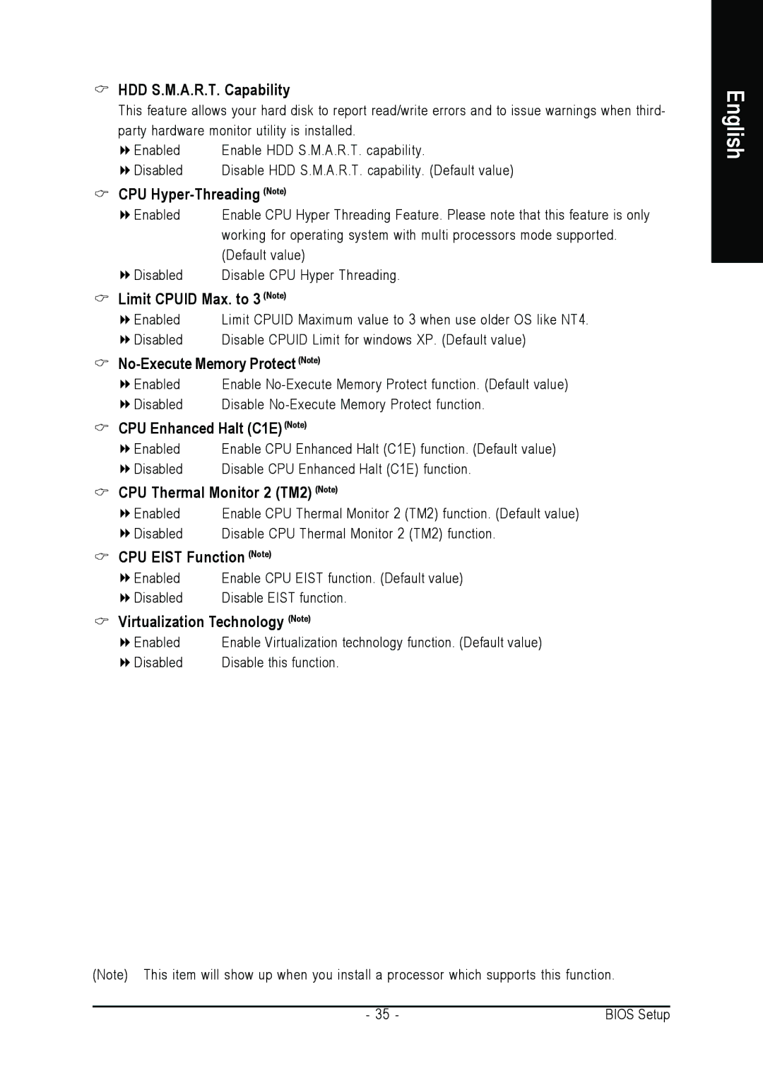 Gigabyte GA-945PLM-(D)S2 user manual HDD S.M.A.R.T. Capability, CPU Hyper-Threading Note, Limit Cpuid Max. to 3 Note 