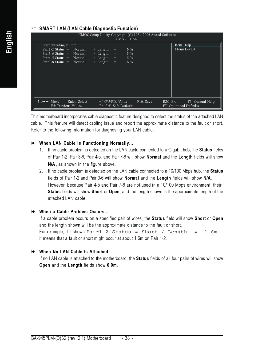 Gigabyte GA-945PLM-(D)S2 user manual Smart LAN LAN Cable Diagnostic Function, When LAN Cable Is Functioning Normally 