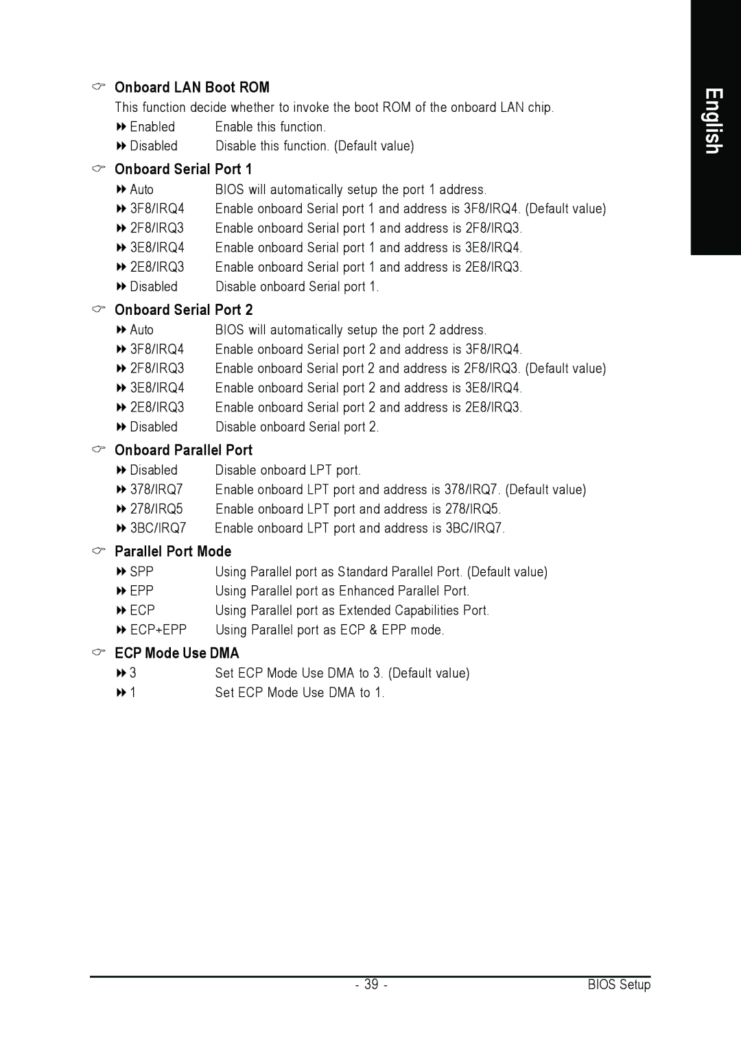 Gigabyte GA-945PLM-(D)S2 user manual Onboard LAN Boot ROM, Onboard Serial Port, Onboard Parallel Port, Parallel Port Mode 