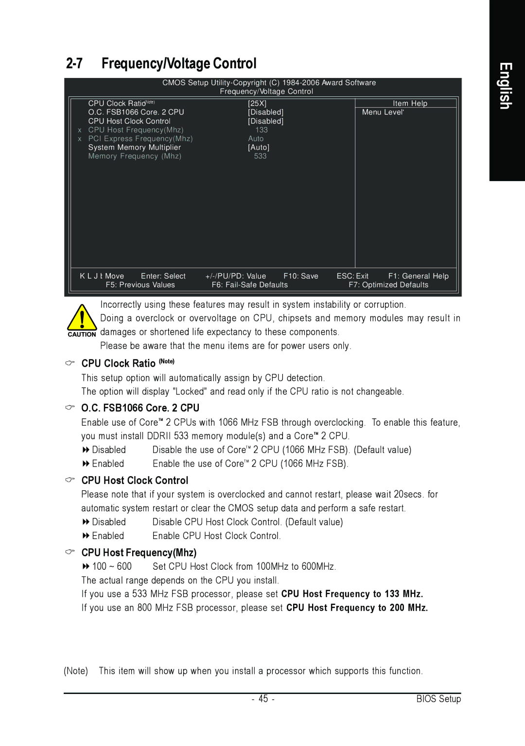 Gigabyte GA-945PLM-(D)S2 Frequency/Voltage Control, CPU Clock Ratio Note, FSB1066 Core CPU, CPU Host Clock Control 