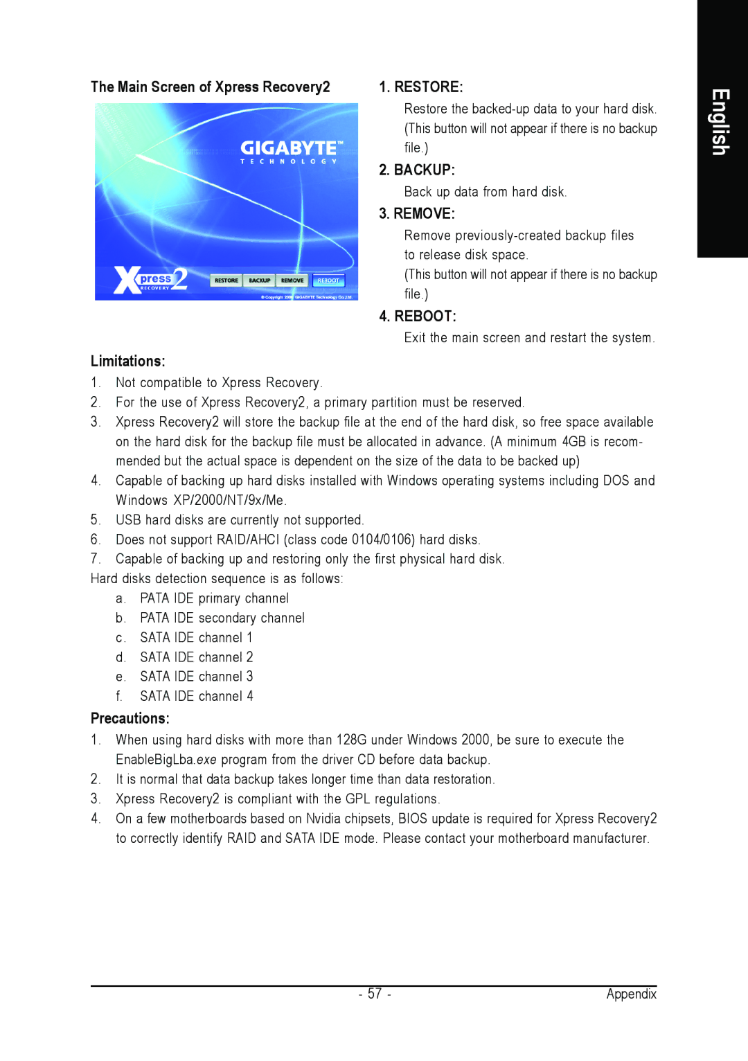 Gigabyte GA-945PLM-(D)S2 user manual Main Screen of Xpress Recovery2, Limitations, Precautions 