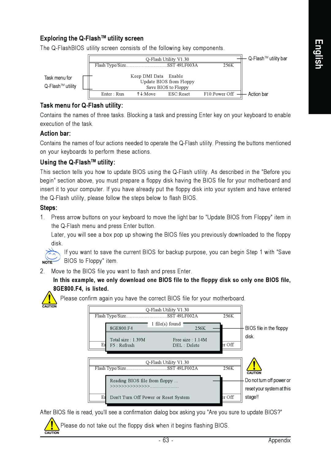 Gigabyte GA-945PLM-(D)S2 user manual Exploring the Q-FlashTMutility screen, FlashTMutility bar 